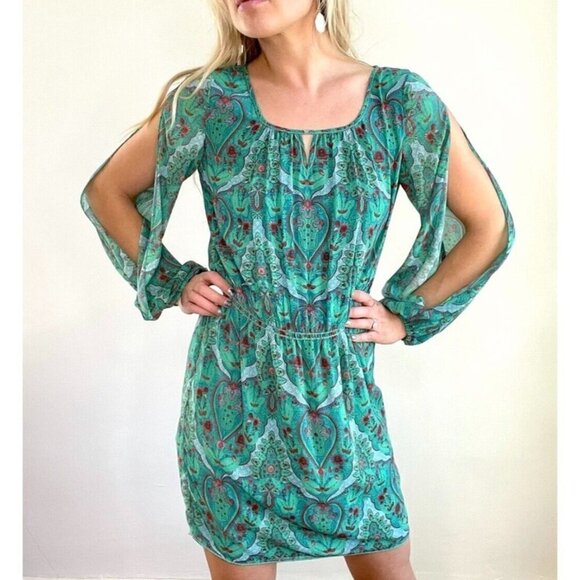 Chelsea & Violet Sz S Split Sleeve Shift Tunic Dress Blouson Paisley Print Green - Picture 3 of 13